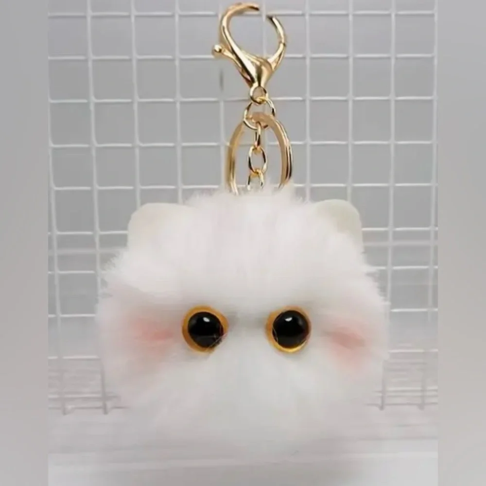 Fluffy Cat White Pompom Key Ring Purse Charm Kitty Cat